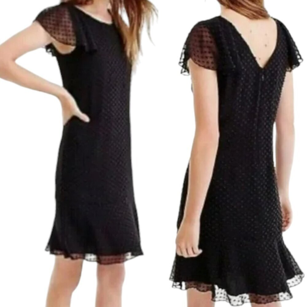 J. Crew Factory Ruffle Sleeve Flounce Dress in Swiss Dot - Black - 12